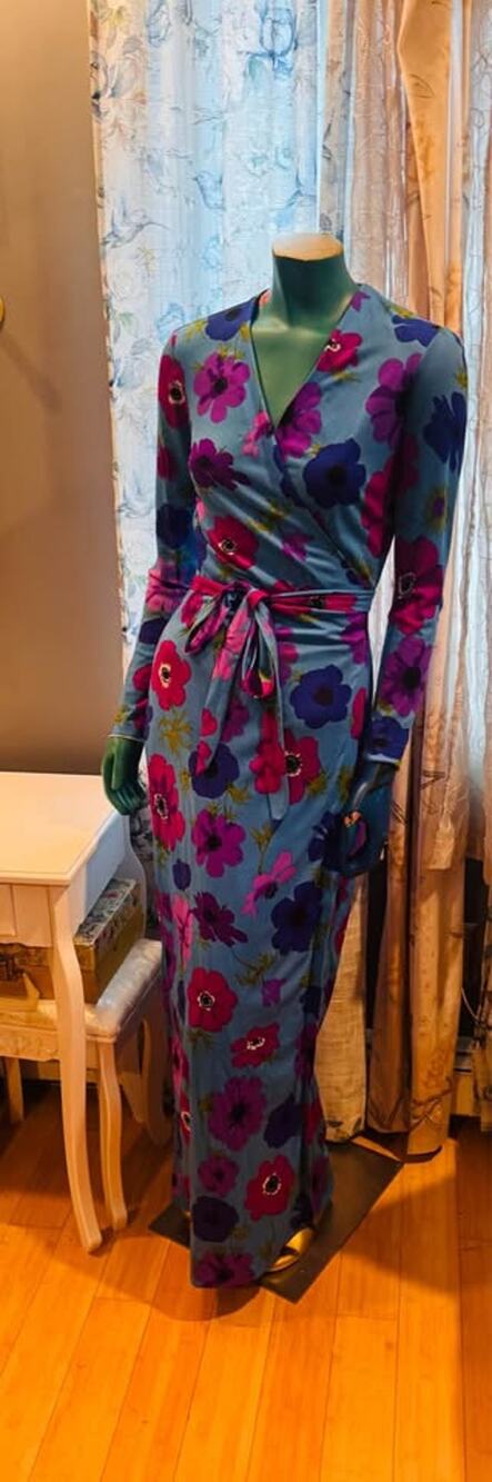 Vintage Ken Scott for Bergdorf Goodman Hand-Printed Floral Wrap Maxi Dress